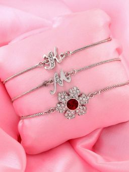 Estele - RAKHI COMBO of 3- Rhodium Plated K, M Letter and Holy Floral Rakhi Bracelets For Men & Women